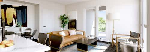 AMLI Old Pasedena apartment living area rendering featuring dark floors with minimalistic decor and tall windows