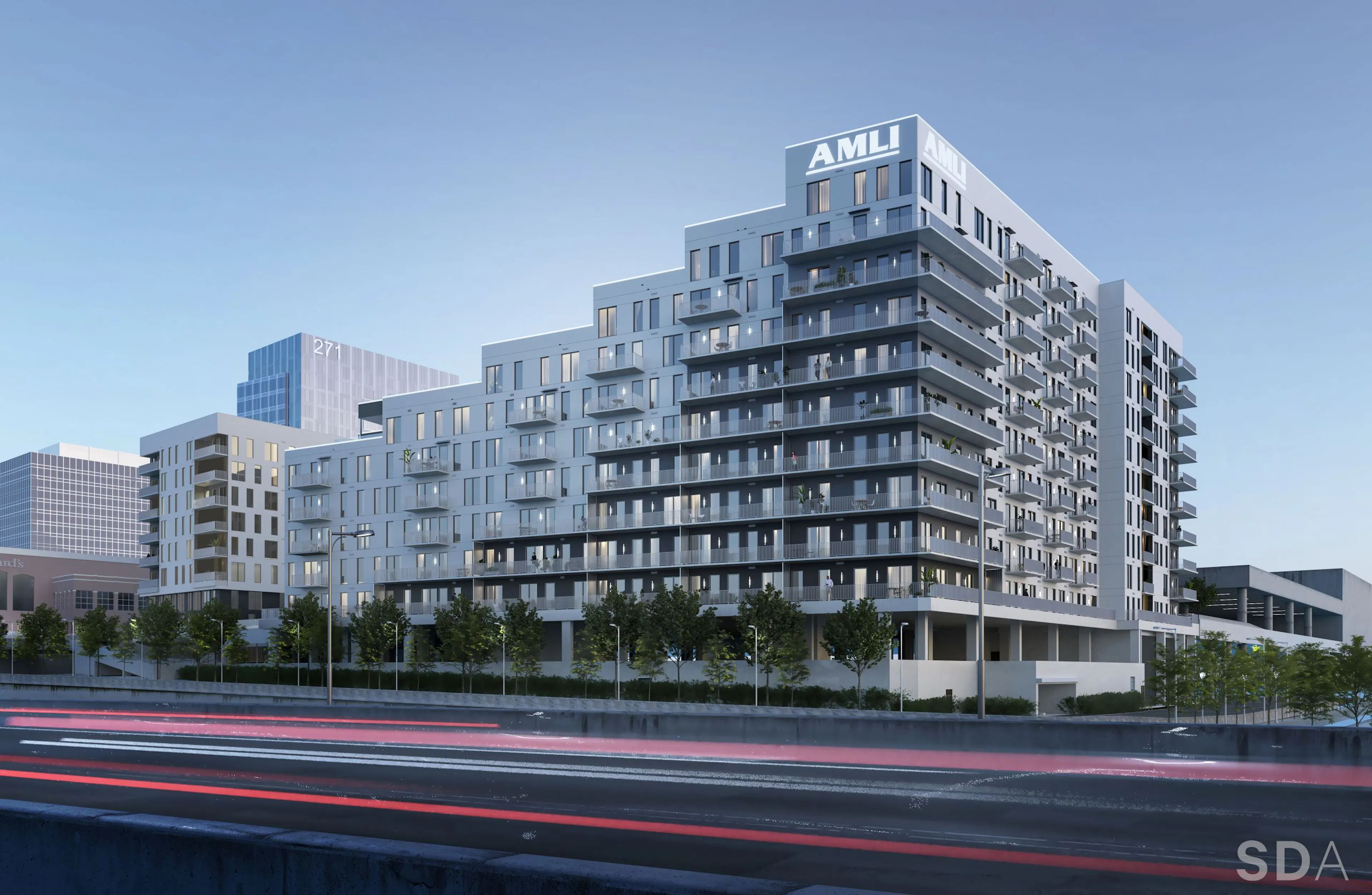 Rendering of AMLI Atlantic station building exterior with gray facade with AMLI logo at top and surrounded by trees