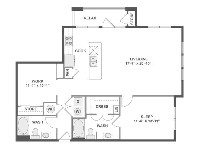 B6 floor plan, 1 Bedroom, 2 Bathroom at AMLI on Riverside apartments