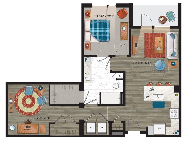A6D floor plan, 1 Bedroom, 1 Bathroom, Den/Office at AMLI at Uptown apartments