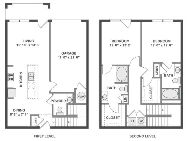 TH100 floor plan, 2 Bedroom, 2 Bathroom, Townhouse at AMLI North Point apartments