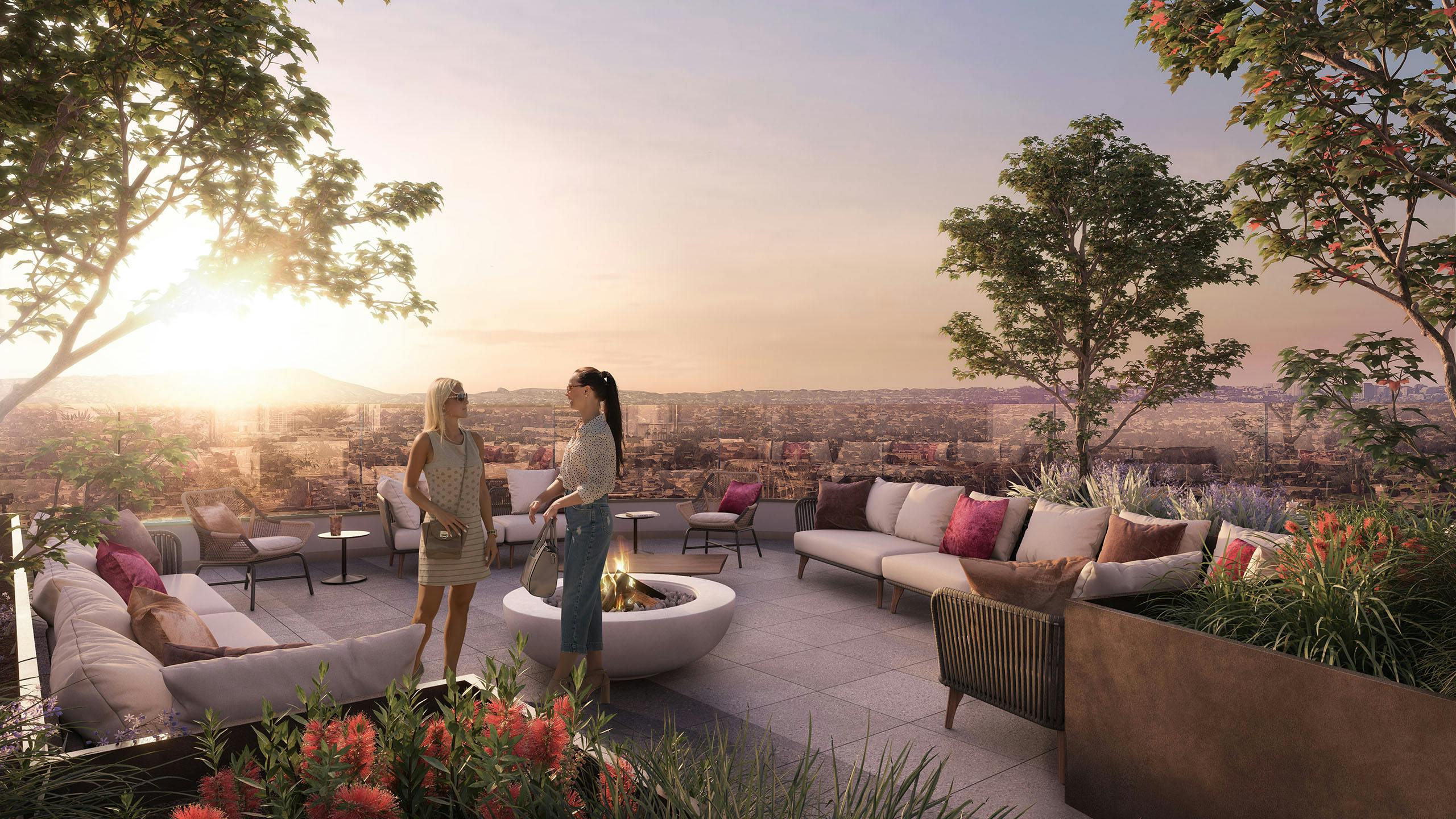 Rendering of landscaped sunset deck at AMLI Aero with 2 women talking near outdoor furniture and fire pit with panoramic views