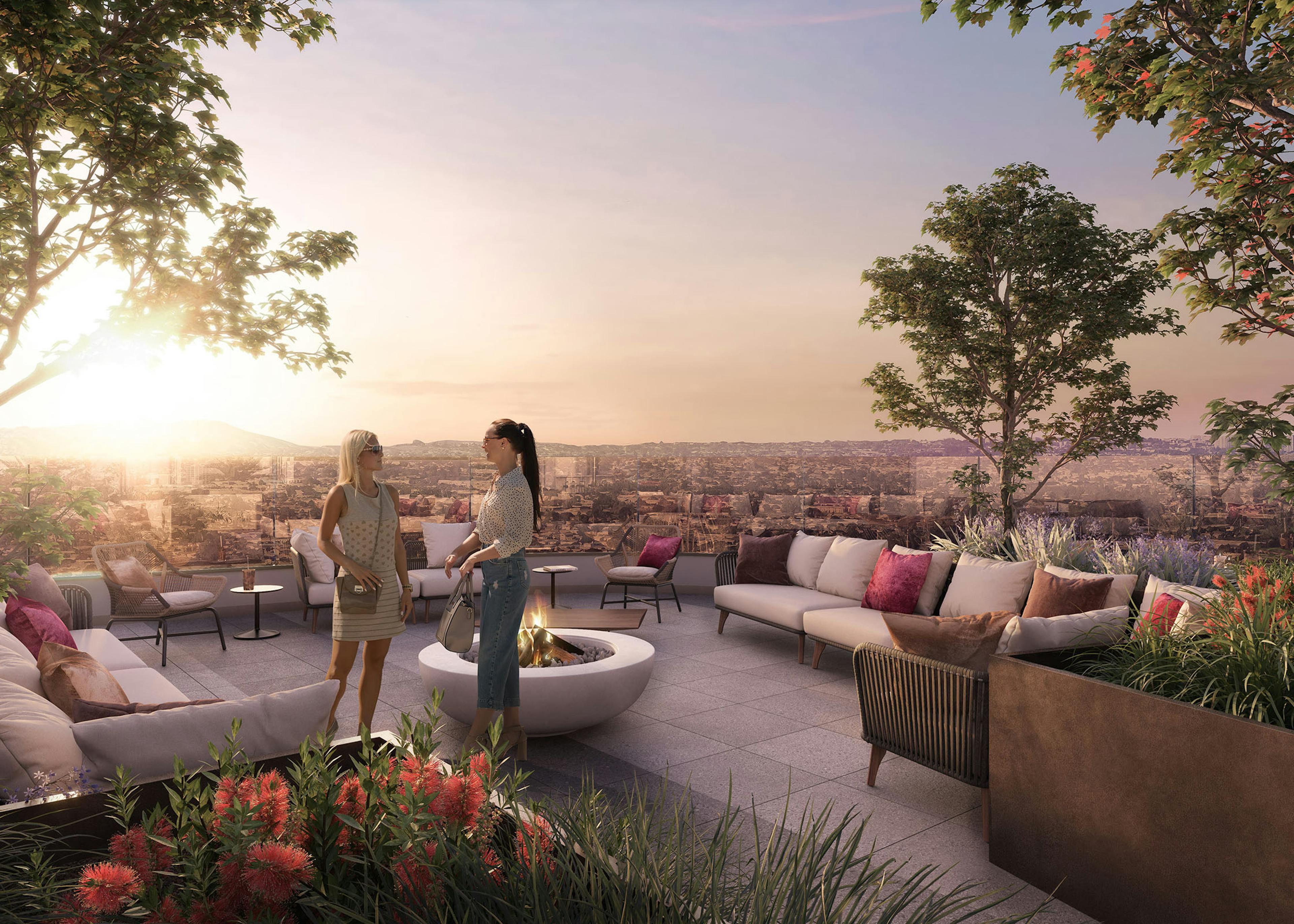 Rendering of landscaped sunset deck at AMLI Aero with 2 women talking near outdoor furniture and fire pit with panoramic views