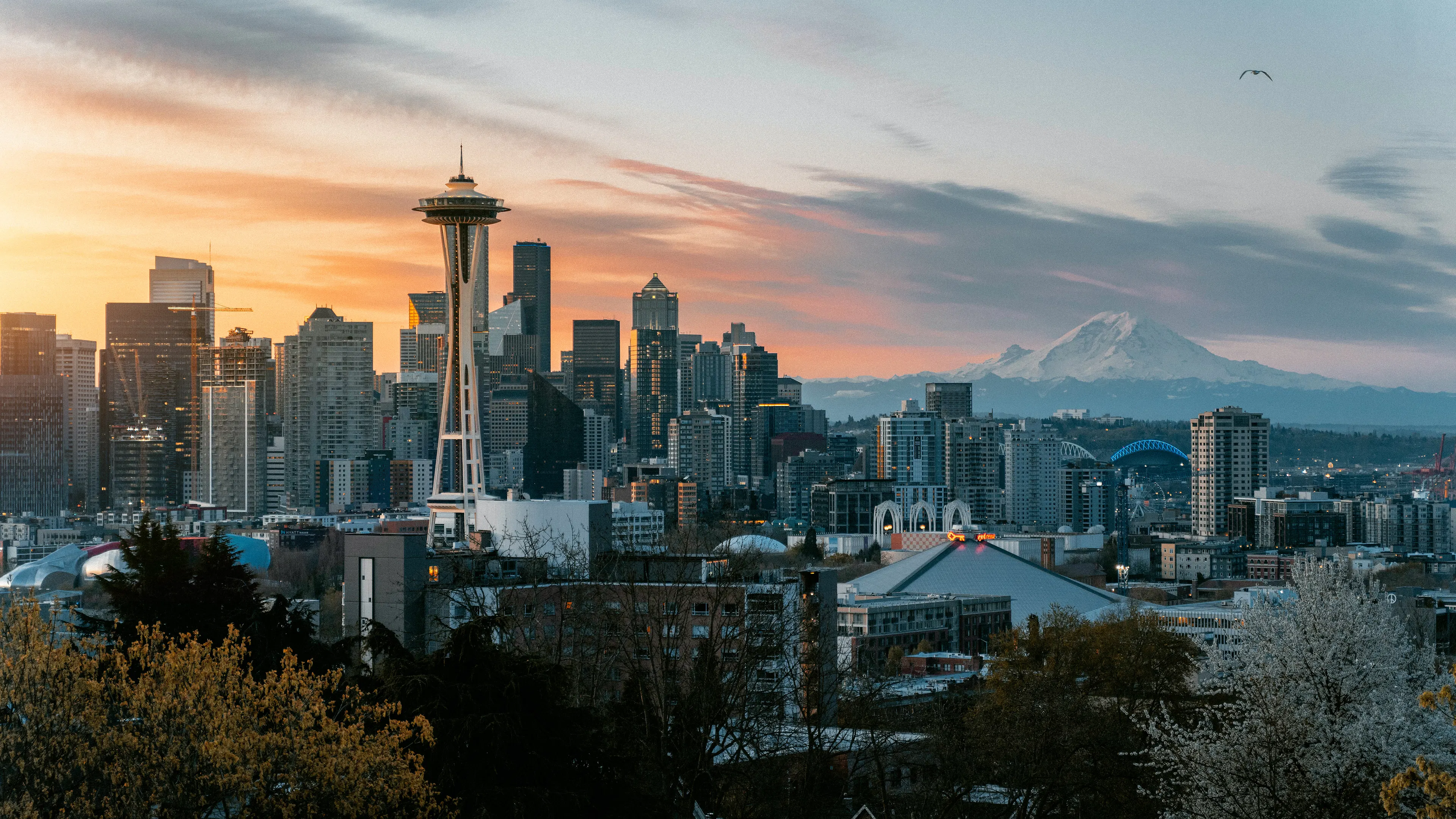 The Seattle skyline with Rainier in the back during sunset