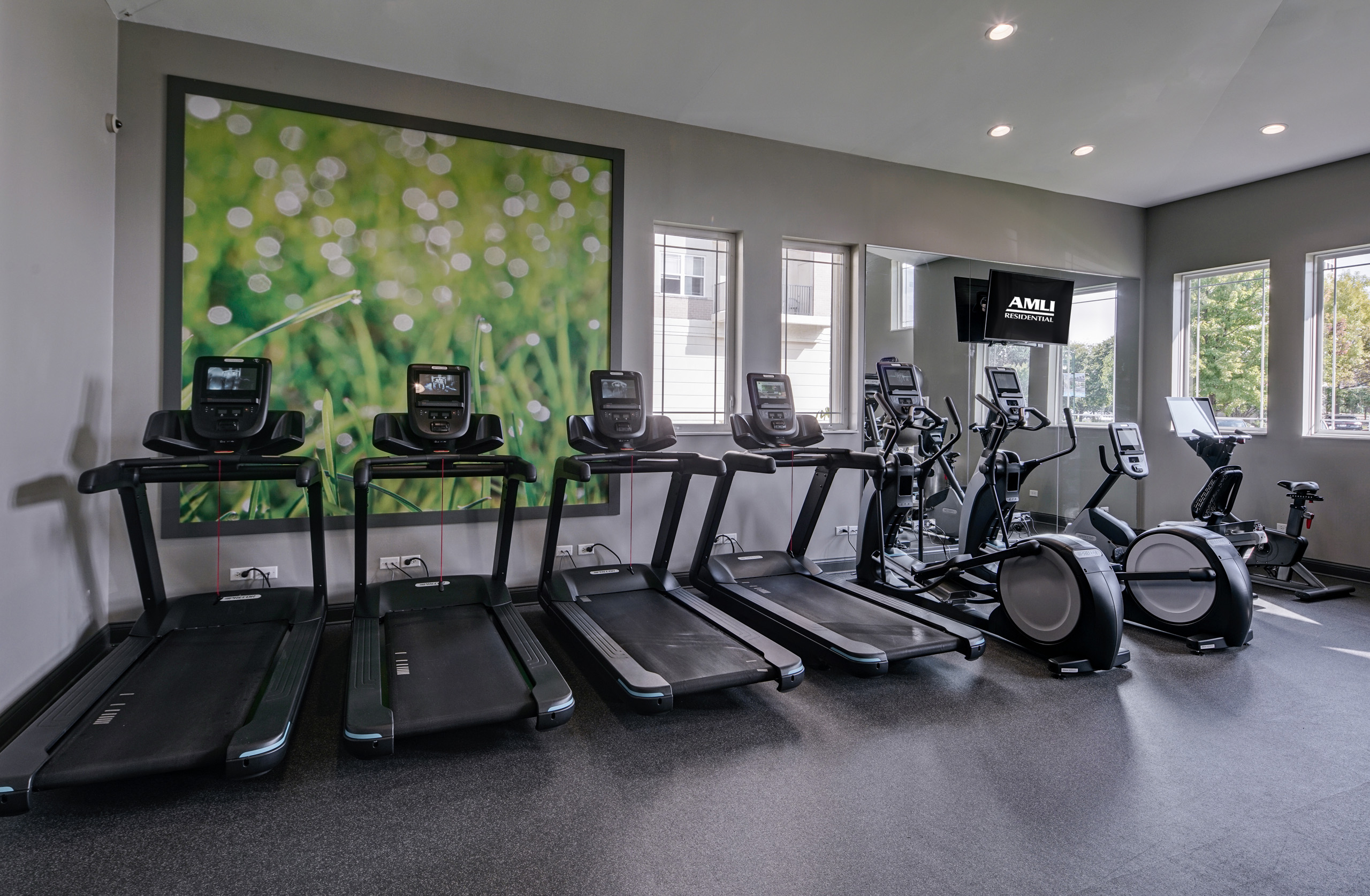 Fitness center at AMLI at Seven Bridges apartments with 4 treadmills and 3 other cardio machines and large green artwork