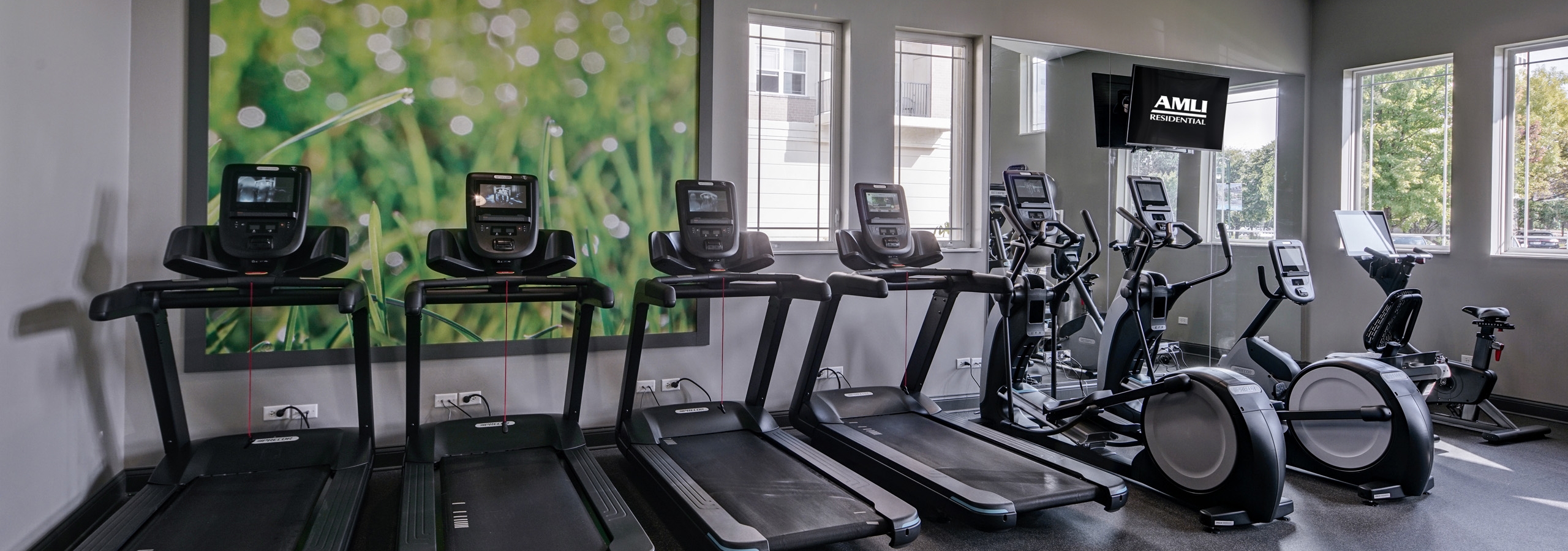Fitness center at AMLI at Seven Bridges apartments with 4 treadmills and 3 other cardio machines and large green artwork