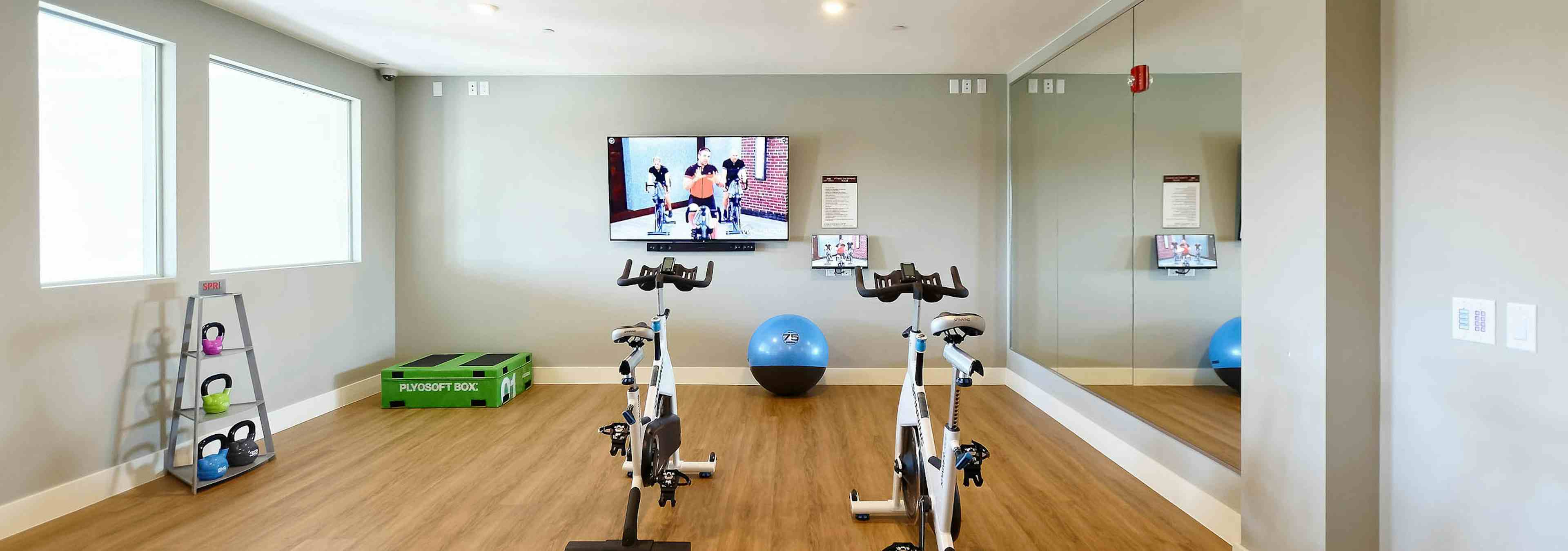 Spin studio at AMLI Dry Creek apartments with two stationary bicycles and a television as well as medicine balls and mirror