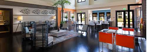 The leasing office at AMLI Doral with high ceilings, seating, bright wall colors, large faux palm tree and coffee station