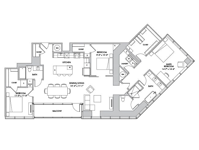 D11 floor plan, 3 Bedroom, 2 Bathroom at AMLI Fountain Place apartments