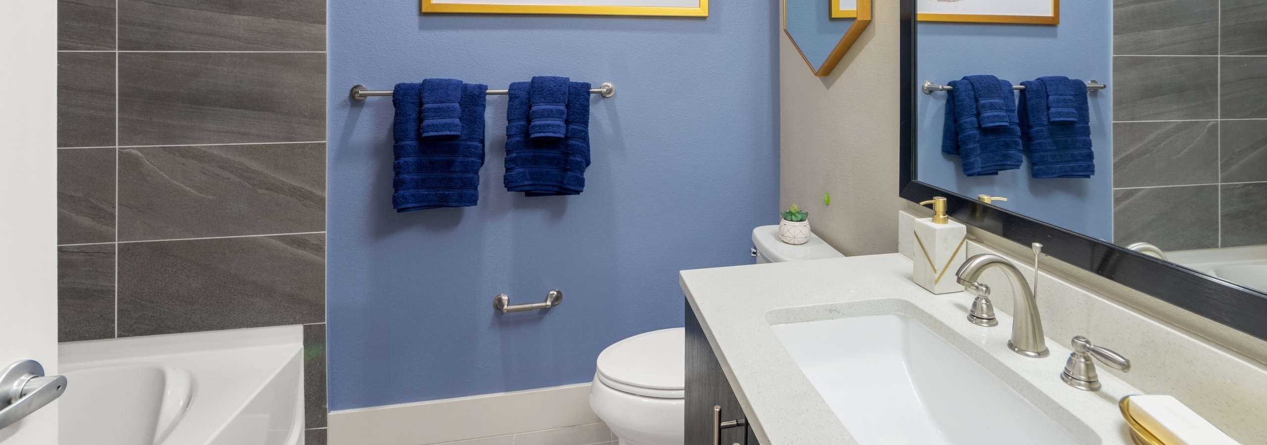 AMLI Riverfront Green apartment bathroom with periwinkle accent wall and gold accents with dark grey tiled shower tub