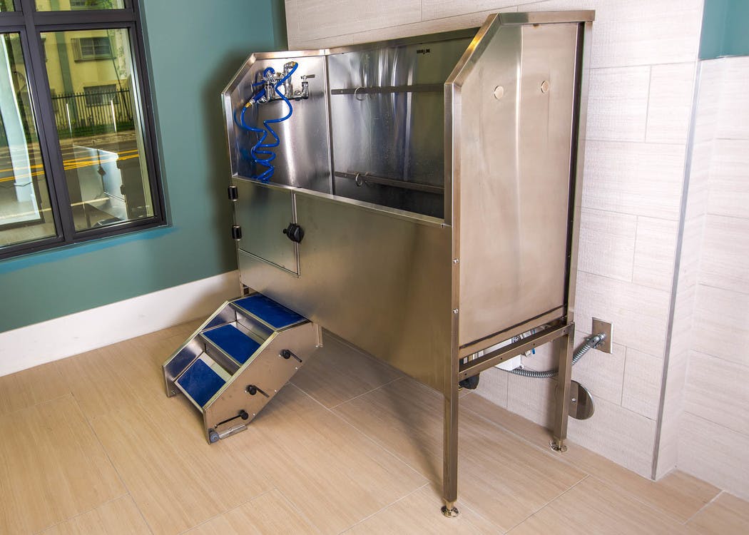 Interior view of the paw wash at AMLI Joya with large stainless steel tub, walk up ramp and hose