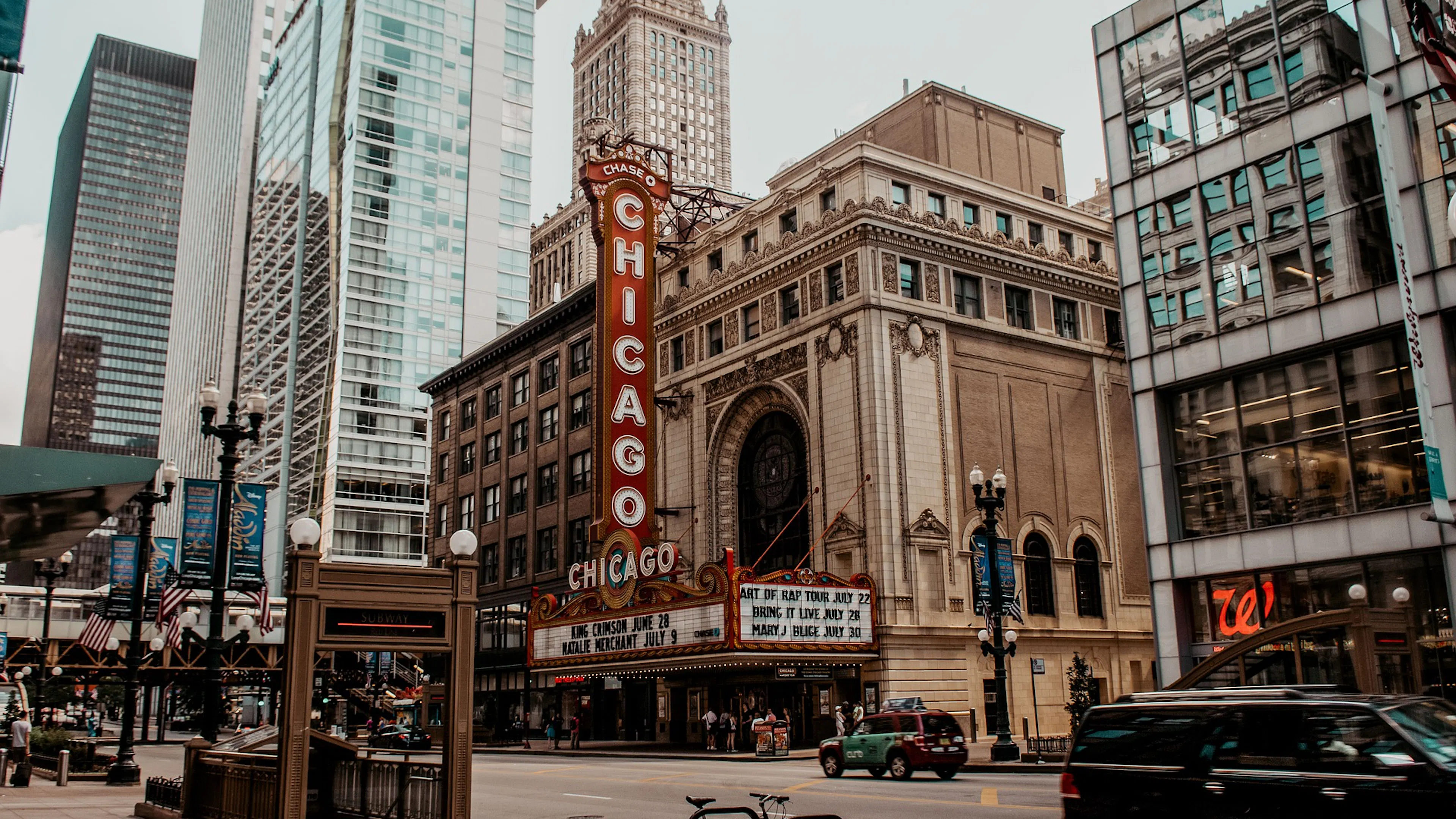 An old theater with a big red sign saying Chicago in a vintage style 