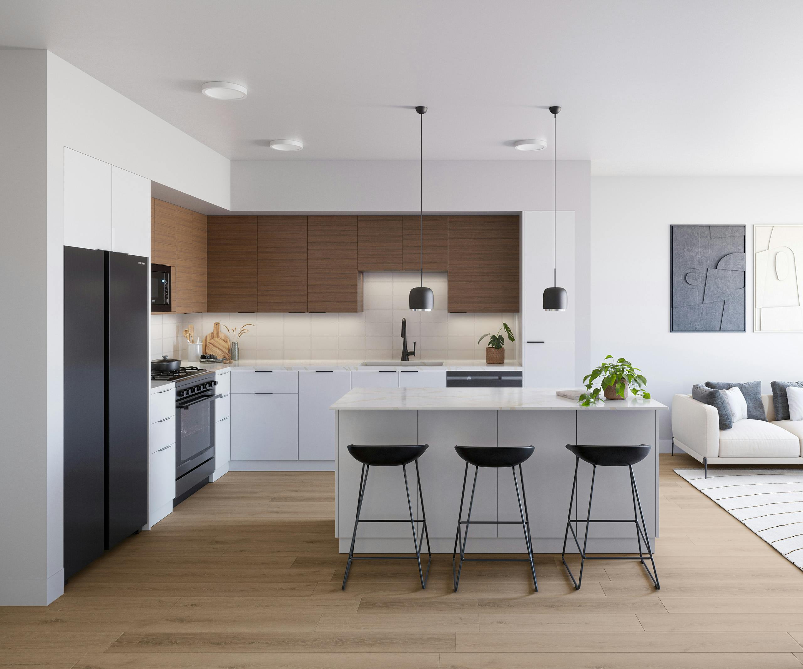 Rendering of AMLI Aero apartment kitchen with 2 toned cabinets and island with 3 barstools and stainless steel appliances