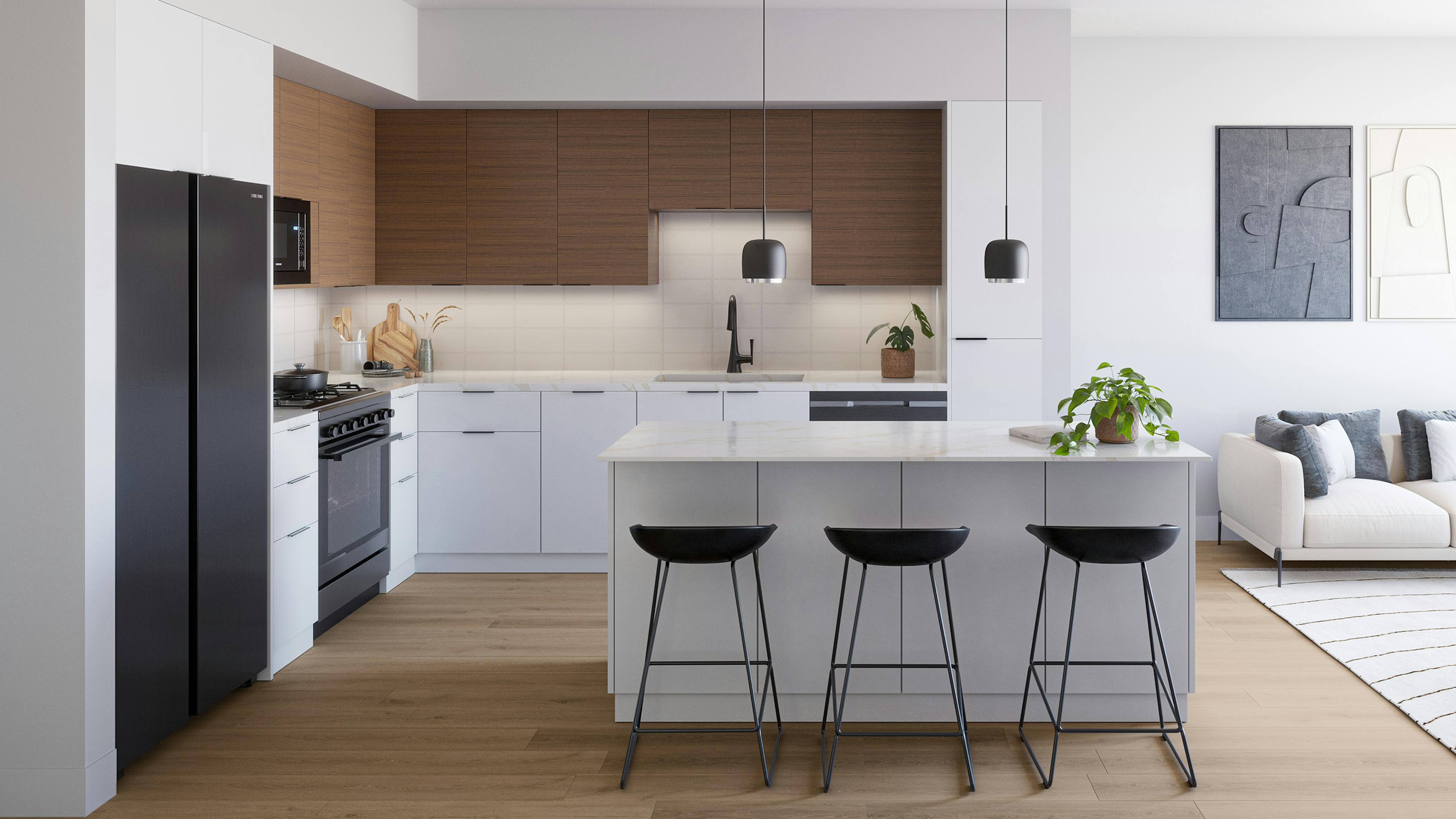Rendering of AMLI Aero apartment kitchen with 2 toned cabinets and island with 3 barstools and stainless steel appliances