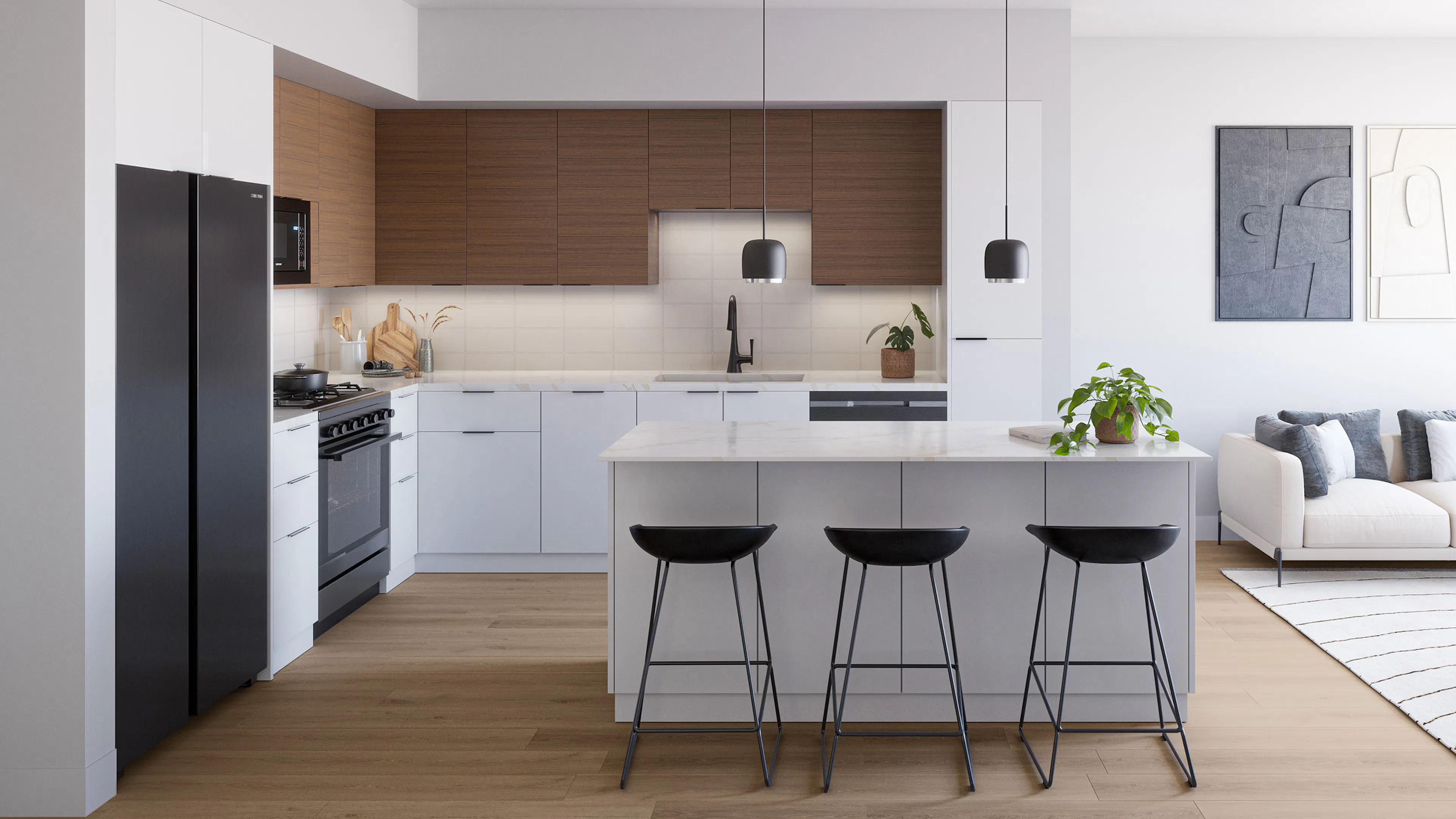 Rendering of AMLI Aero apartment kitchen with 2 toned cabinets and island with 3 barstools and stainless steel appliances