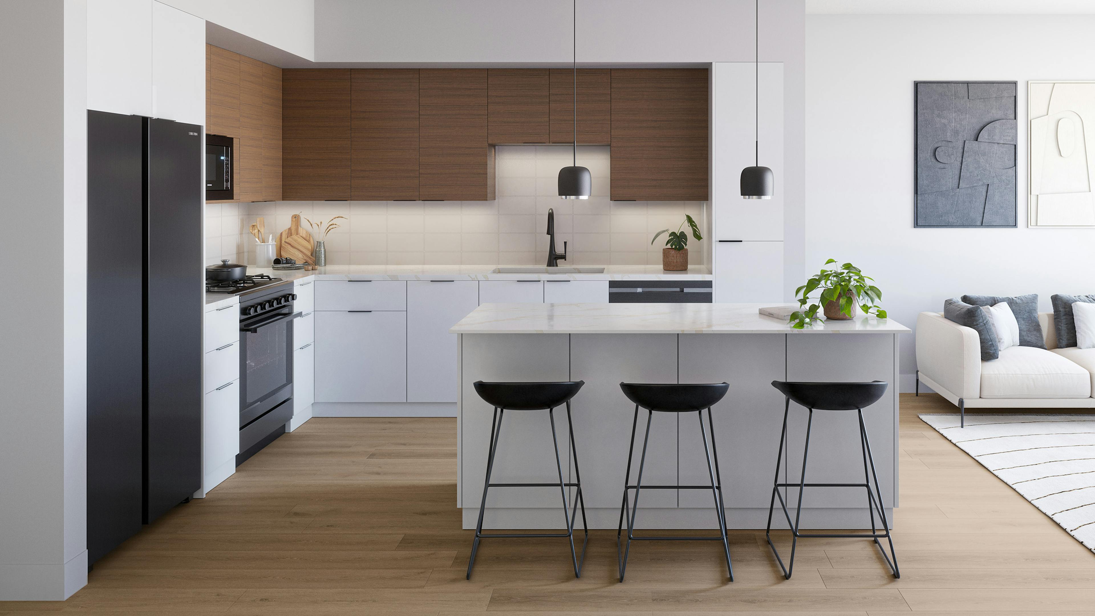 Rendering of AMLI Aero apartment kitchen with 2 toned cabinets and island with 3 barstools and stainless steel appliances