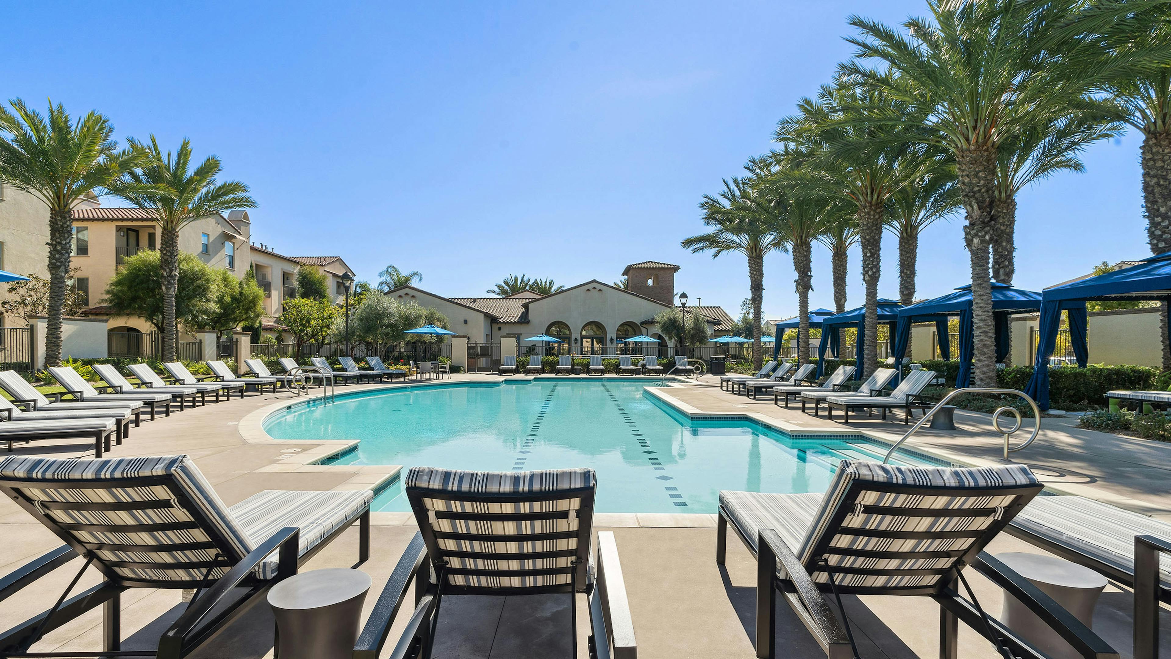 View of swimming pool surrounded by plentiful lounge seating and blue cabanas and tall palm trees at AMLI Spanish Hills