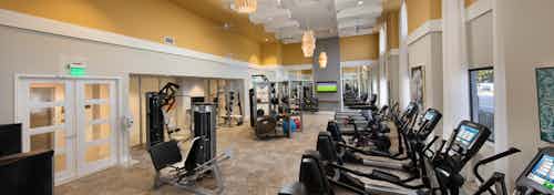 Interior of the fitness center at AMLI 8800 with treadmills, weight machines, yoga balls and vibrant yellow walls