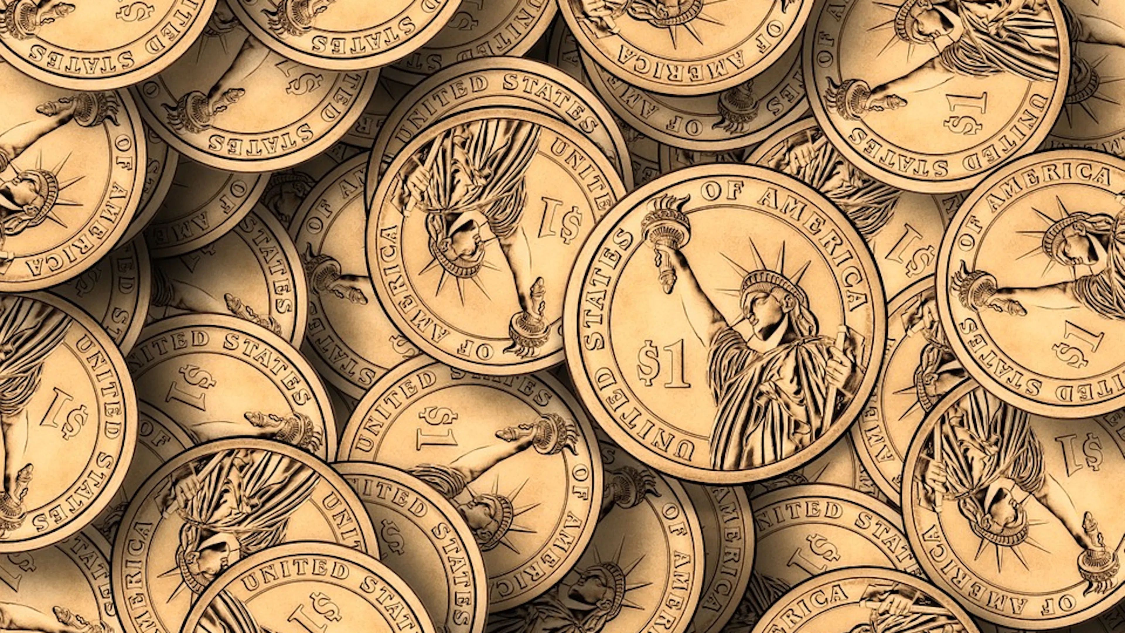 A close up of many golden one dollar coins with the Statue of Liberty on them