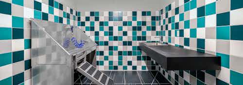 Paw wash at AMLI Spring District apartments with green and gray and white titled walls and stainless washing station and sink