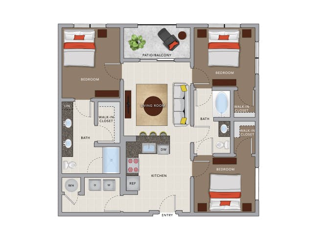 D2 floor plan, 3 Bedroom, 2 Bathroom at AMLI 8800 apartments