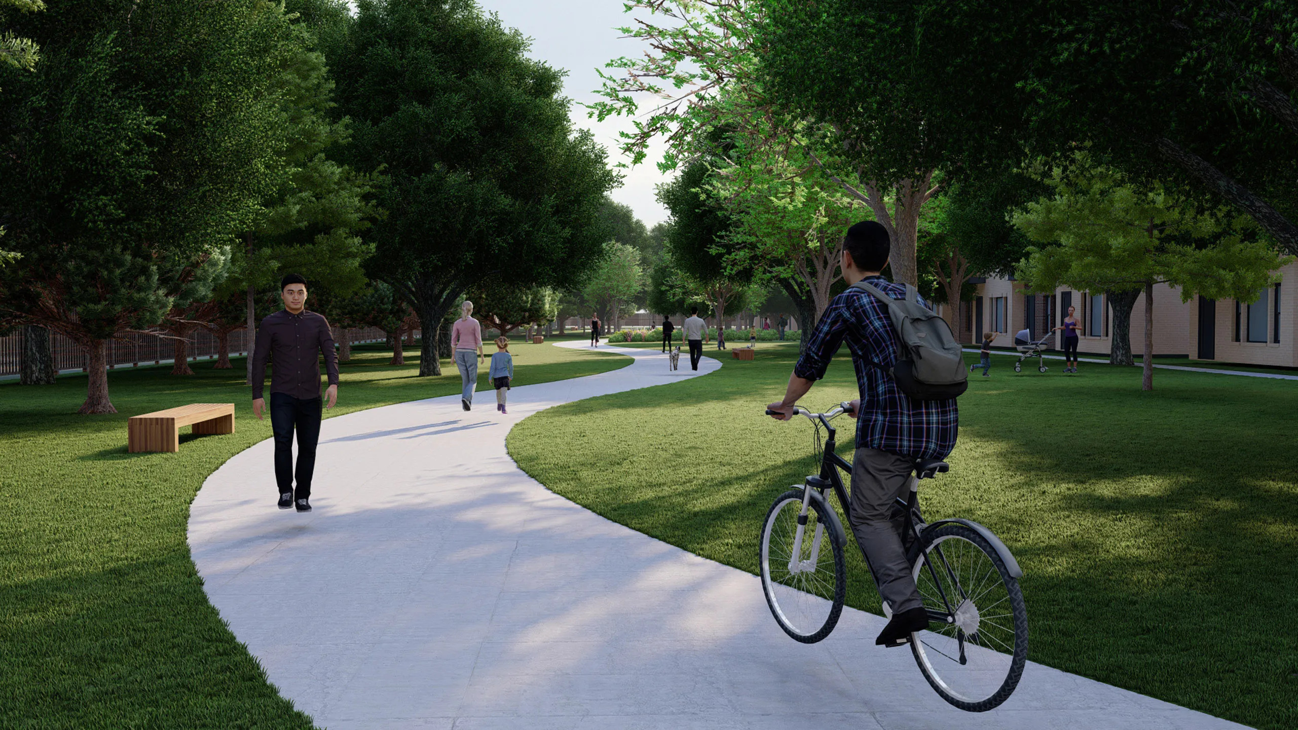 Rendering of pathway with walkers and biker surrounded by grass and large trees at AMLI Tree House apartments