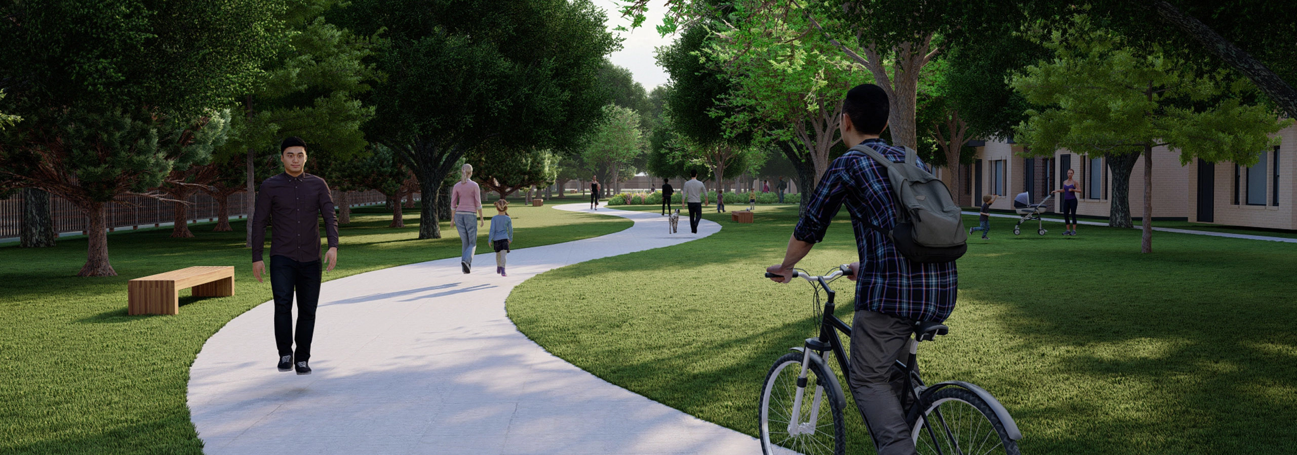 Rendering of pathway with walkers and biker surrounded by grass and large trees at AMLI Tree House apartments