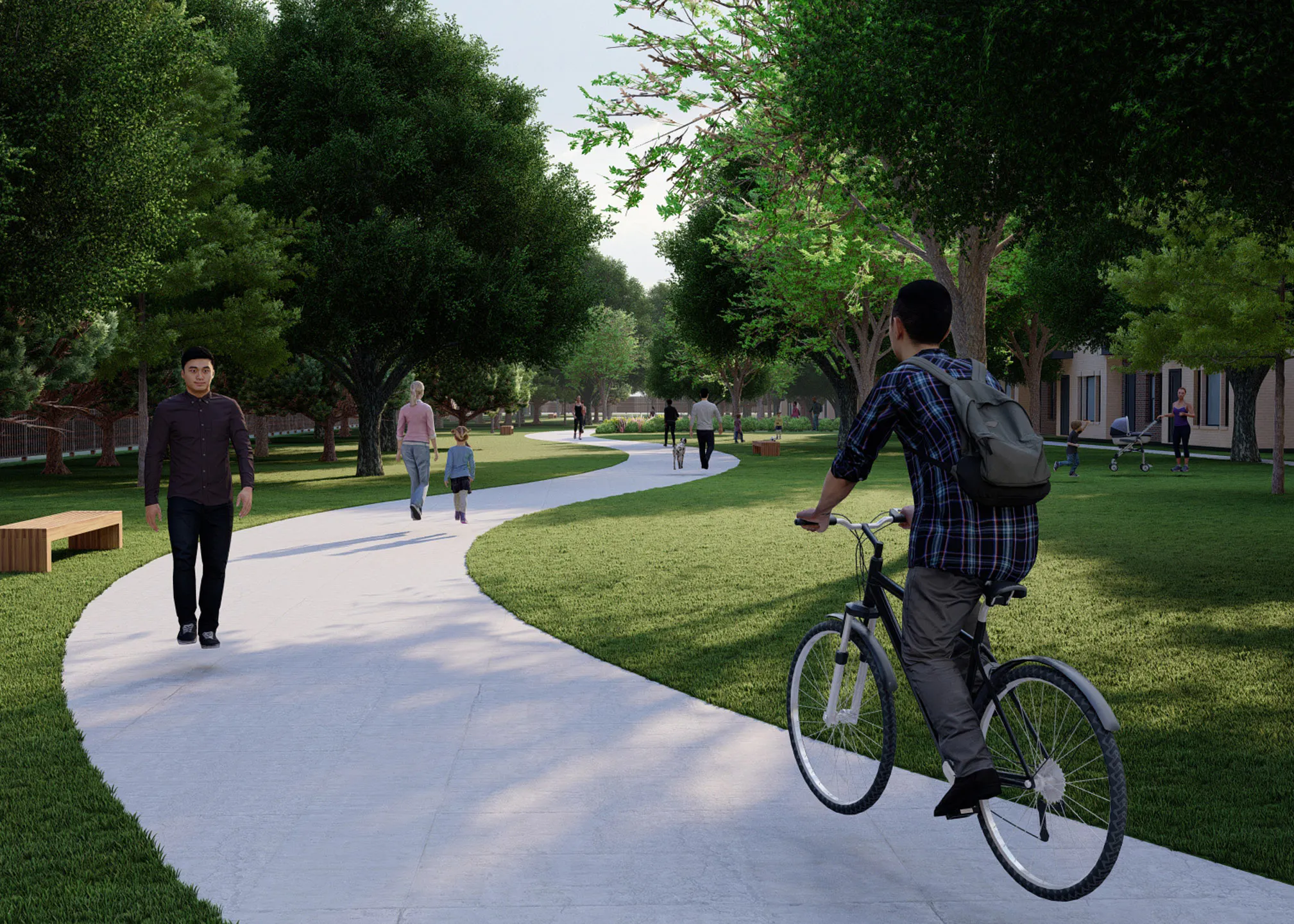 Rendering of pathway with walkers and biker surrounded by grass and large trees at AMLI Tree House apartments