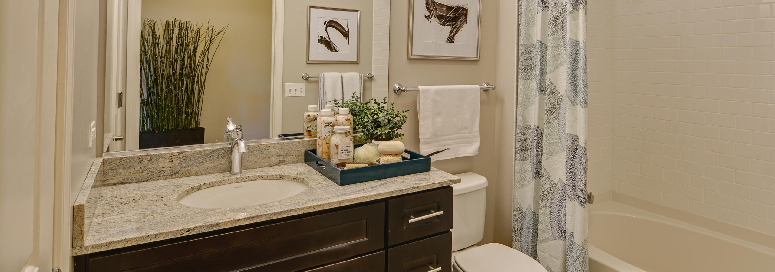AMLI Evanston apartment bathroom featuring a subway tiled shower and a granite vanity sink with dark cabinetry