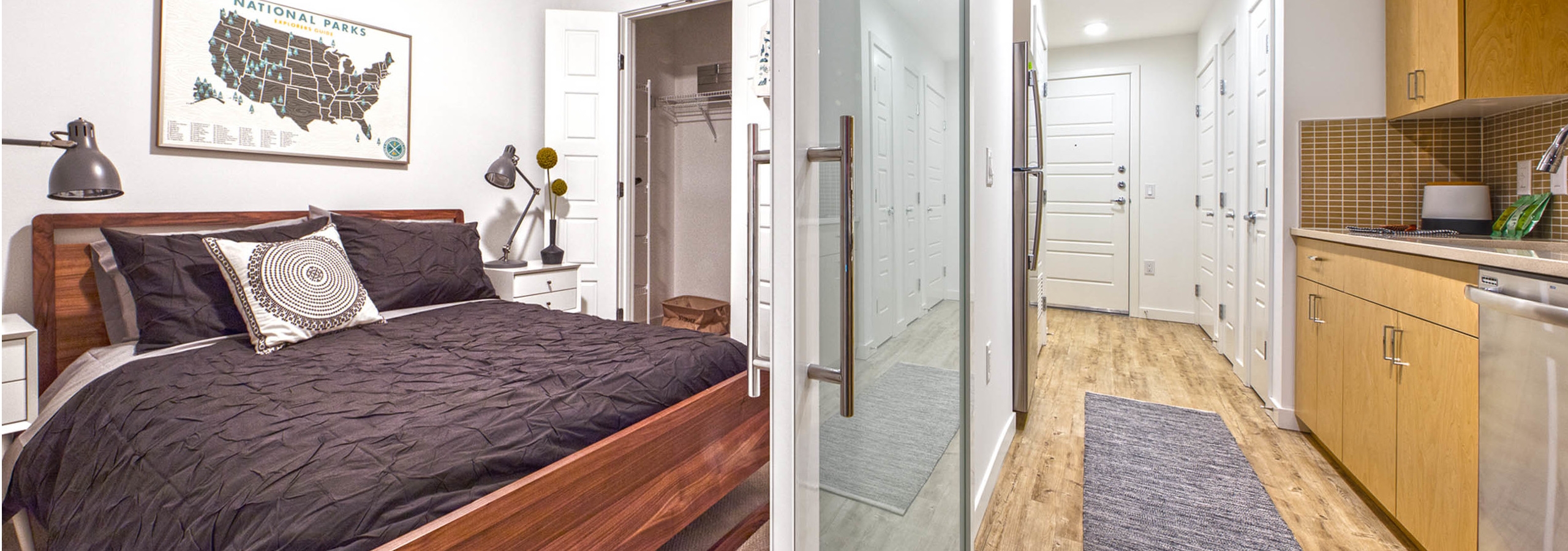 Interior apartment at AMLI Wallingford with view of bedroom with full size bed and walk through kitchen