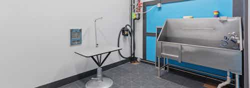 Interior of AMLI Old 4th Ward paw wash with large stainless steel dog tub on grey tile flooring and grooming area to dry off