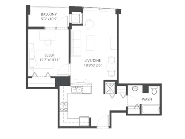 Hip floor plan, 1 Bedroom, 1 Bathroom at AMLI 900 apartments