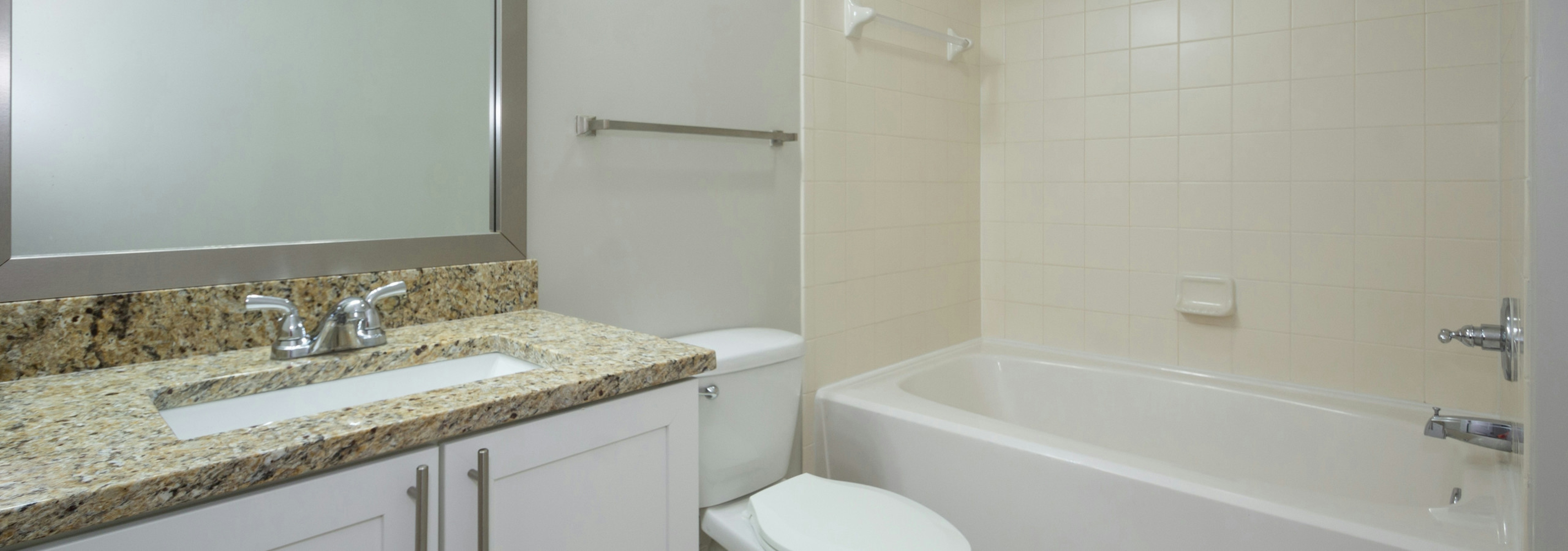 AMLI Lindbergh bathroom with a granite countertop vanity sink with white cabinets and a toilet with a shower tub