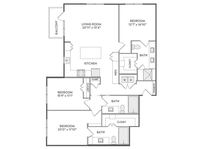 D8 floor plan, 3 Bedroom, 3 Bathroom at AMLI Lakeline apartments