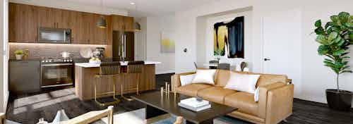 Rendering of AMLI Old Pasadena open concept apartment kitchen and living space with dark floors and modern cabinetry