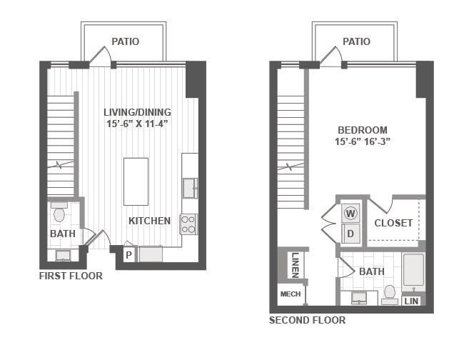 A6T floor plan, 1 Bedroom, 1 Bathroom, Townhome at AMLI Park Broadway apartments