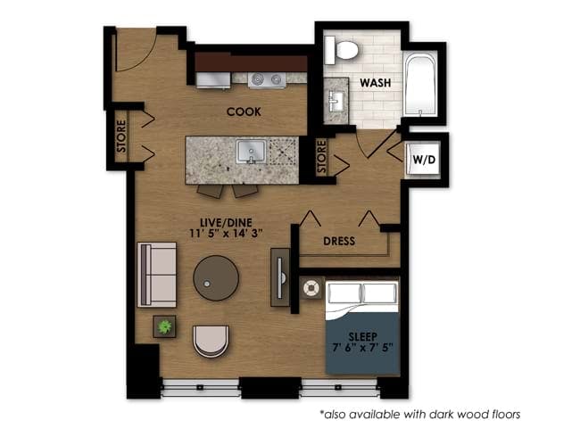 E110 floor plan, Studio, 1 Bathroom at AMLI River North apartments