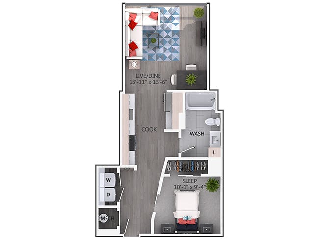 E1 floor plan, Studio, 1 Bathroom at AMLI Arts Center apartments
