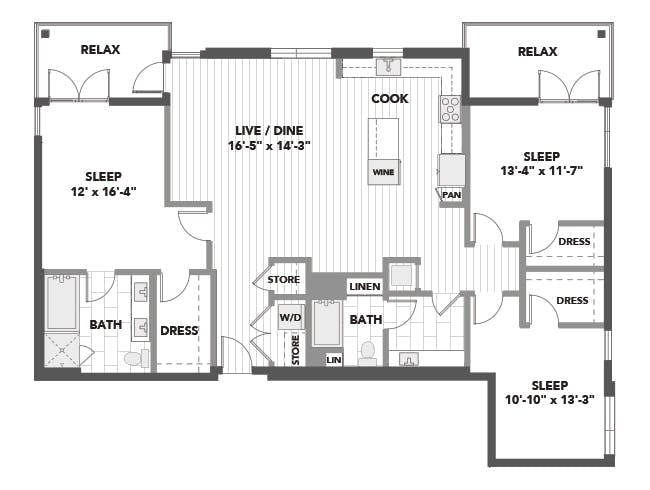 D8 floor plan, 3 Bedroom, 2 Bathroom at AMLI Marina Del Rey apartments