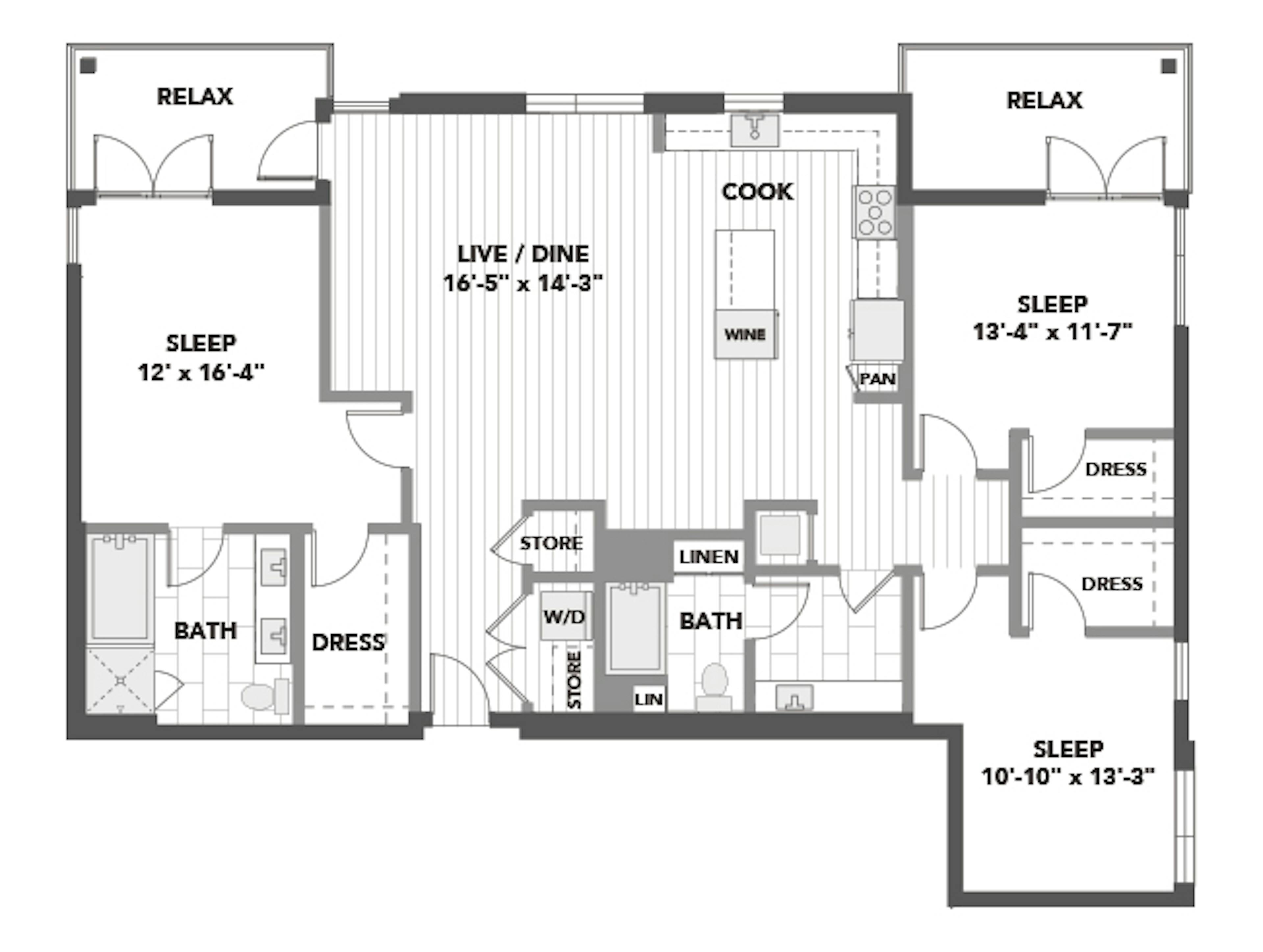 D8 floor plan, 3 Bedroom, 2 Bathroom at AMLI Marina Del Rey apartments