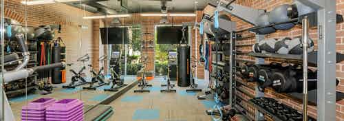 AMLI Las Colinas fitness area with two spin bike and racks with various free weights and a punching bag against a brick wall