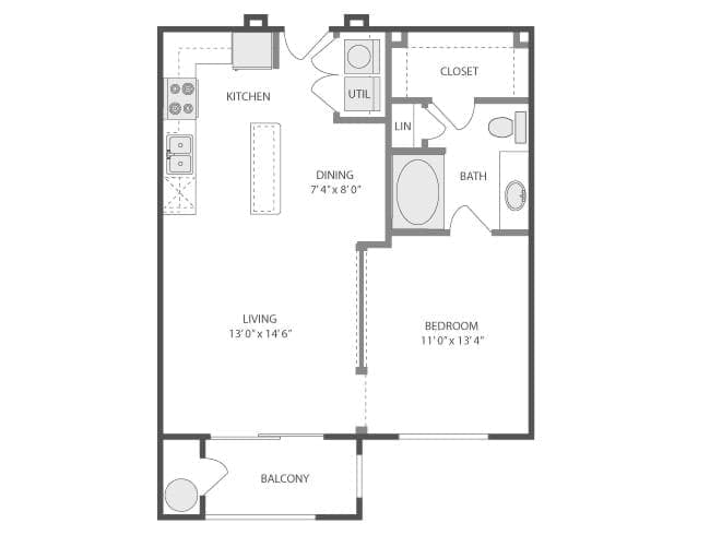 Curtis floor plan, 1 Bedroom, 1 Bathroom at AMLI Park Avenue apartments