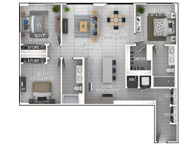 D5 floor plan, 3 Bedroom, 2 Bathroom at AMLI Wynwood apartments