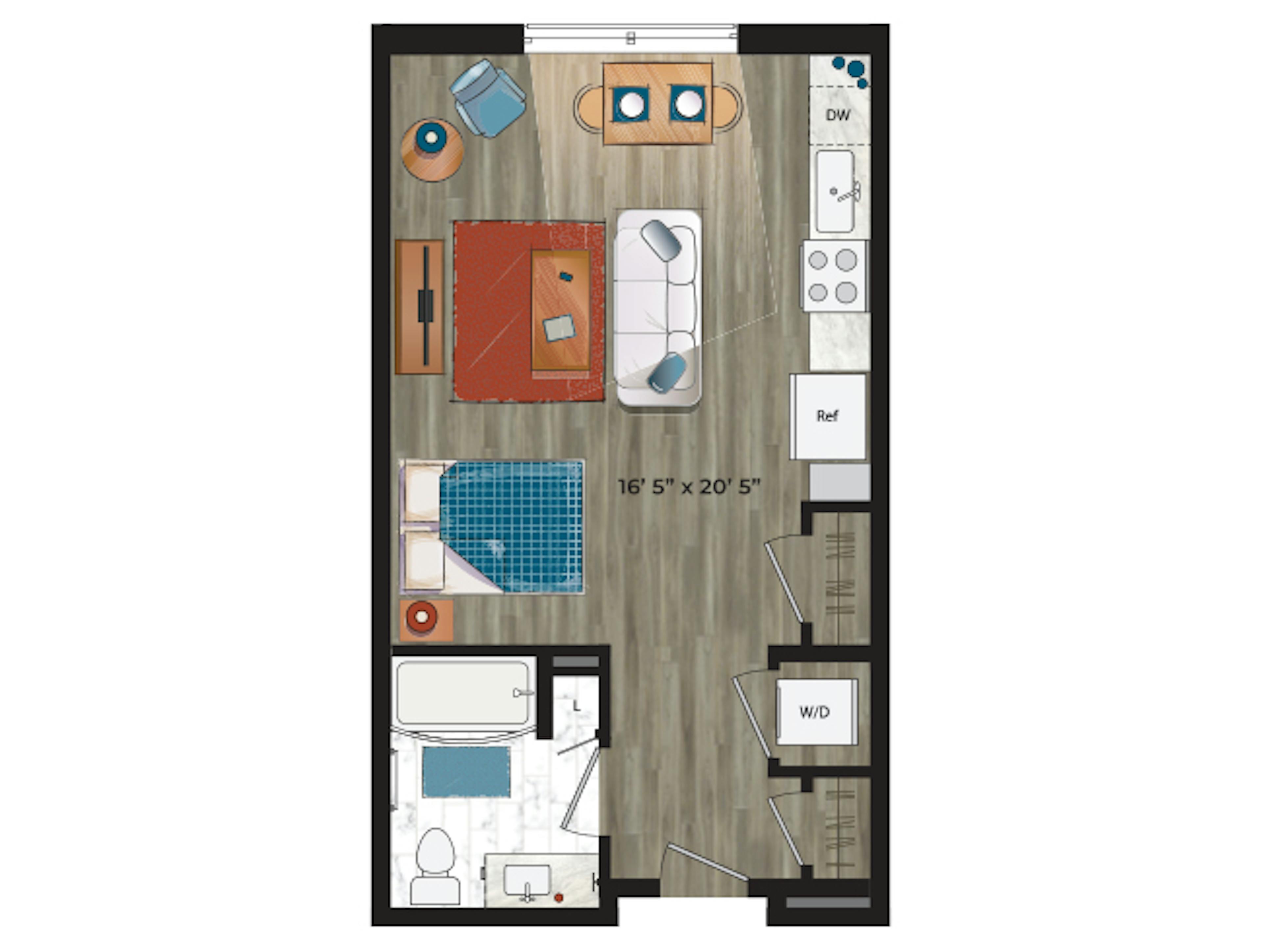 E1 floor plan, Studio, 1 Bathroom at AMLI at Uptown apartments
