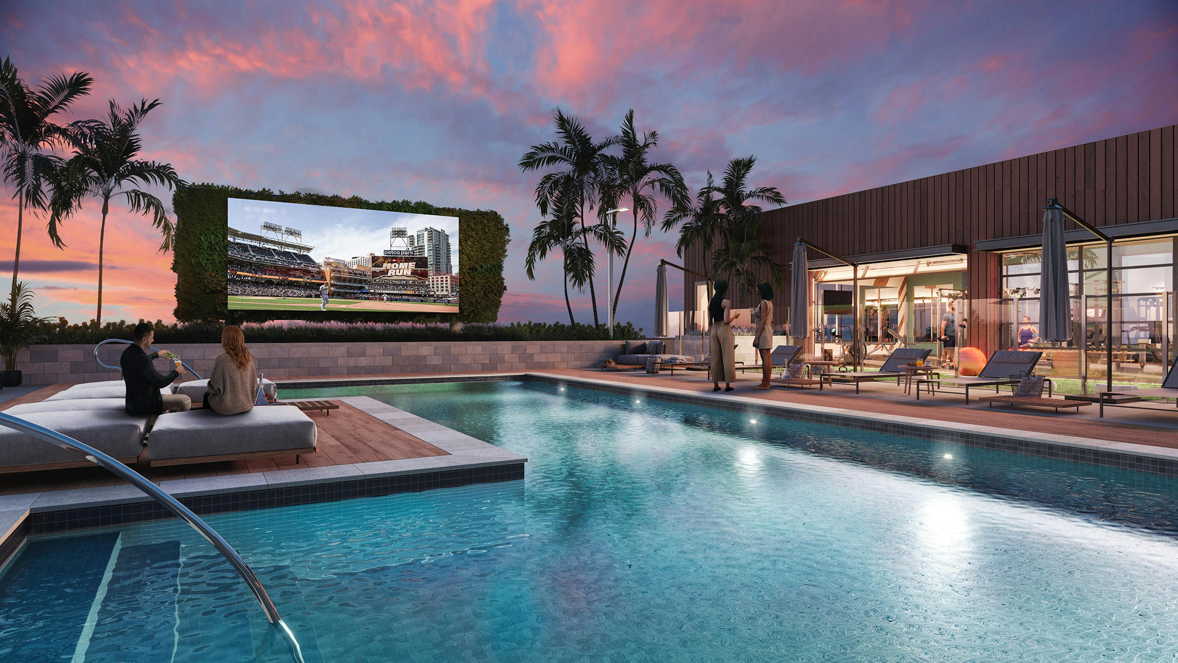 Sunset rendering of roof deck pool at AMLI Aero with a couple sitting on poolside furniture watching baseball game on jumbo TV