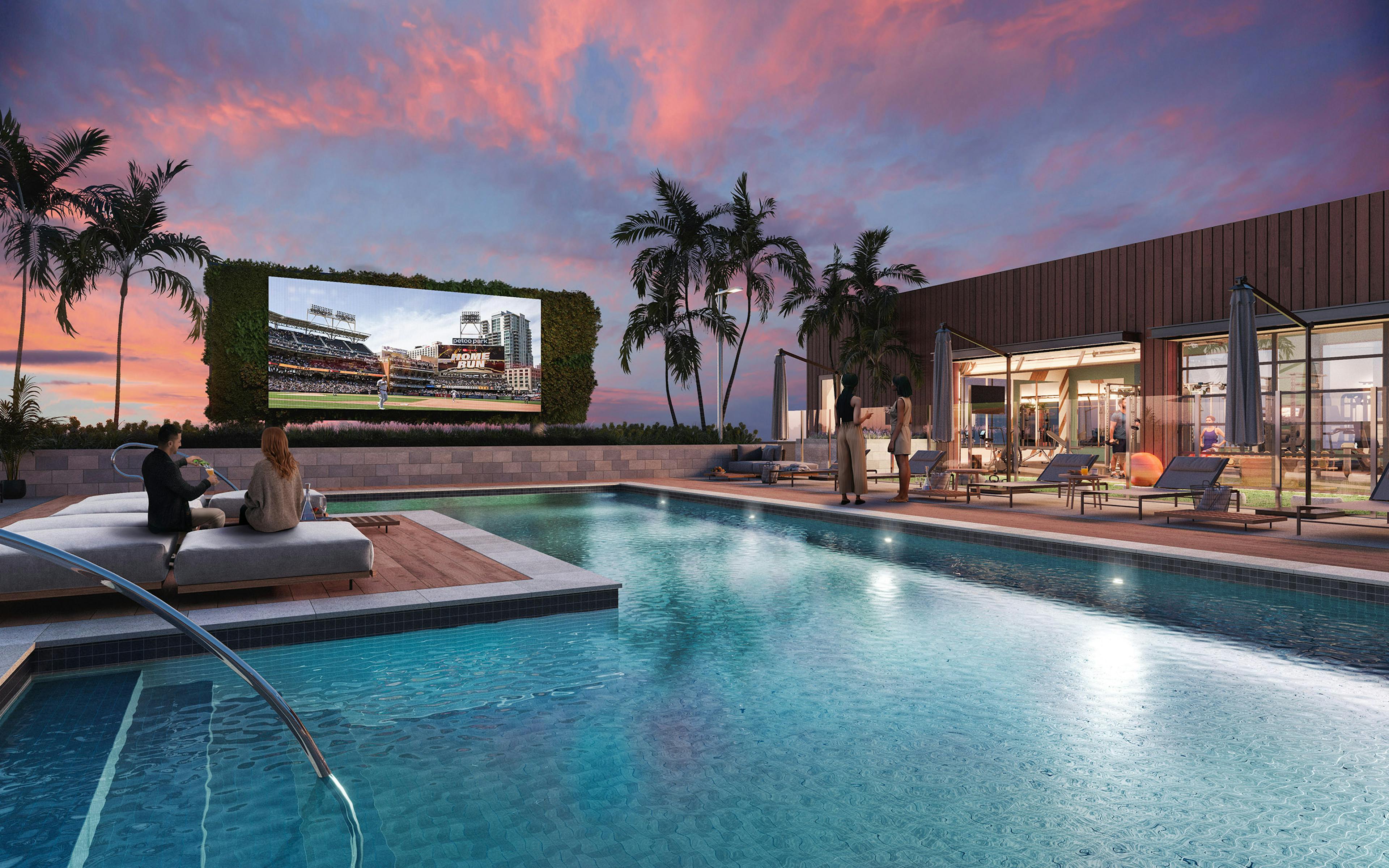 Sunset rendering of roof deck pool at AMLI Aero with a couple sitting on poolside furniture watching baseball game on jumbo TV