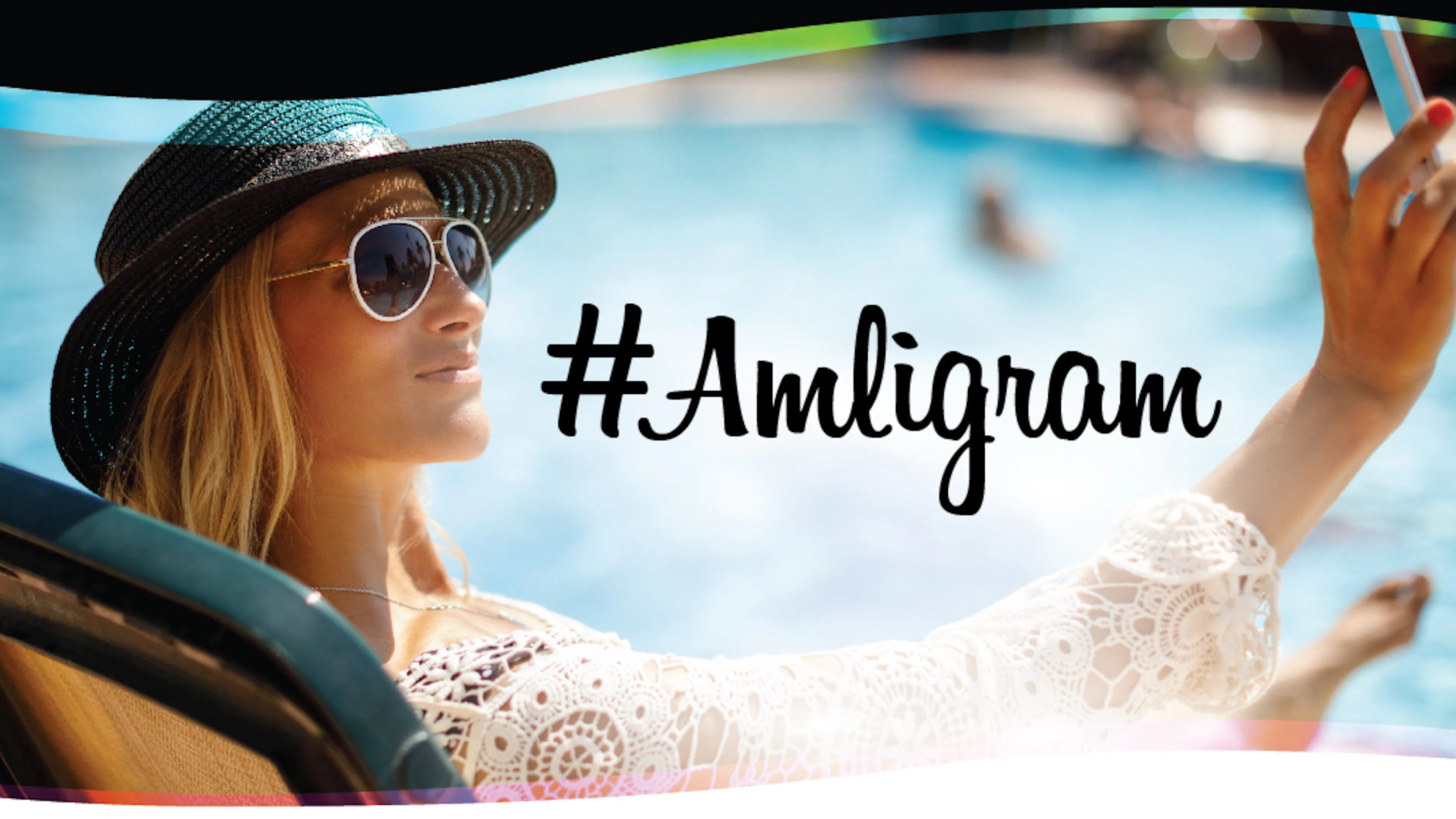 Woman in a brimmed hat and sunglasses taking a selfie beside a pool and #amligram text overlay