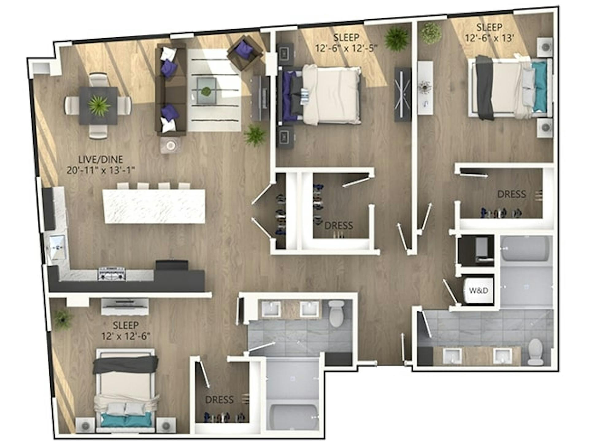 D8 floor plan, 3 Bedroom, 2 Bathroom at AMLI Midtown Miami apartments