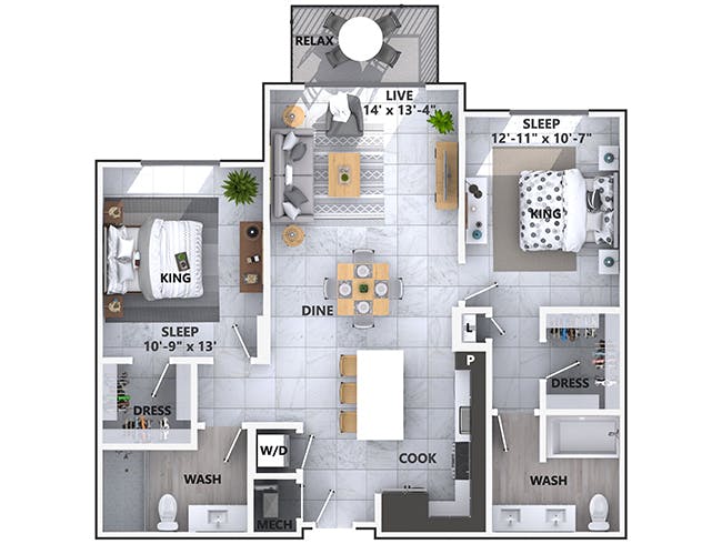 C4 floor plan, 2 Bedroom, 2 Bathroom at AMLI Park West apartments