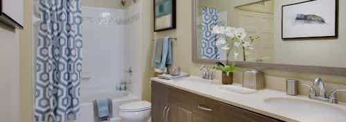Interior view of AMLI Ponce Park bathroom with a double vanity mirror and toilet and white shower tub with blue curtain